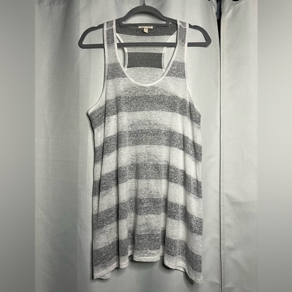 EILEEN FISHER White and Grey Organic Linen Stripe Knit Racerback Long Tank XS - Picture 2 of 6